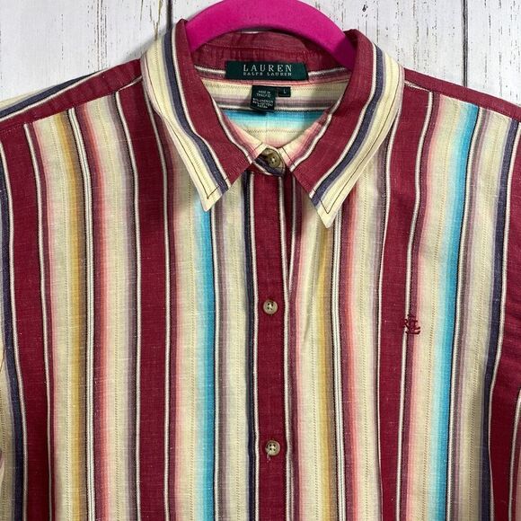 Lauren Ralph Lauren  Vintage Linen Cotton Blend Striped 3/4 Sleeve Button Down - Picture 4 of 14